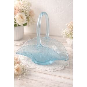 Vintage Light Blue Pressed Glass Basket with Handle